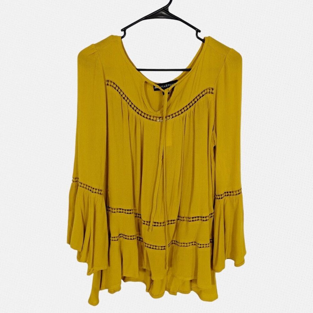 Jill Jill Stuart M Top Boho Mustard Yellow Crochet‎ Details Bell Sleeves